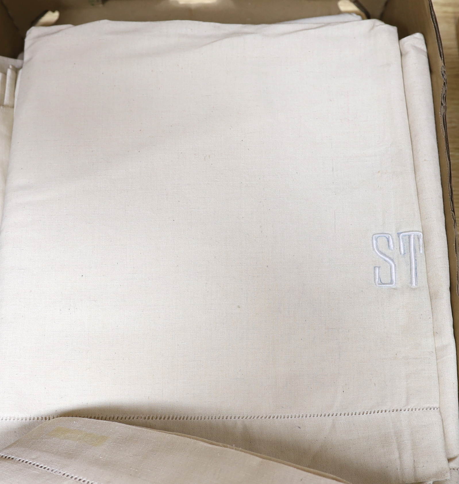 Five coarse French provincial monogrammed sheets and one plain (6)